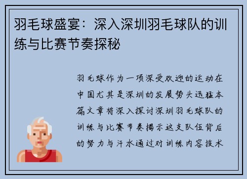 羽毛球盛宴：深入深圳羽毛球队的训练与比赛节奏探秘